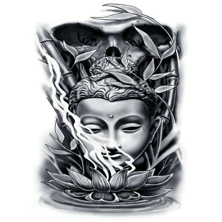 Tatouage temporaire hyperréaliste Black Buddha & Lotus de ArtWear Tattoo Religieux sur le bras d'un homme et jambe d'une femme