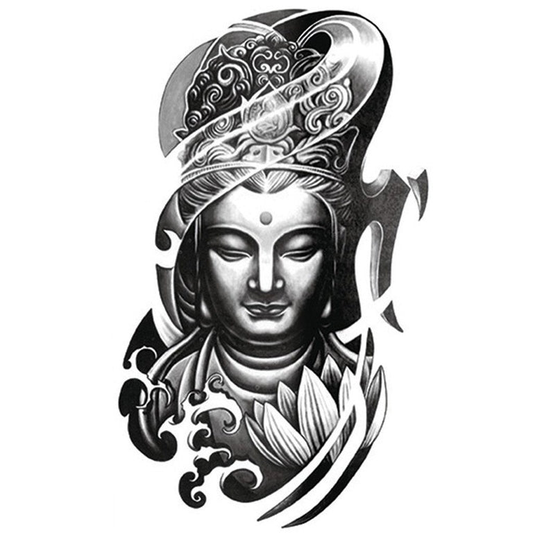 Tatouage temporaire hyperréaliste Buddha 1 de ArtWear Tattoo Religieux sur le bras d'un homme et jambe d'une femme