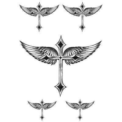 Tatouage temporaire hyperréaliste Christian Cross Wings - Pack de ArtWear Tattoo Religieux sur le bras d'un homme et jambe d'une femme