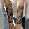 Tatouage temporaire hyperréaliste Guanyin Buddha de ArtWear Tattoo Religieux sur le bras d'un homme et jambe d'une femme