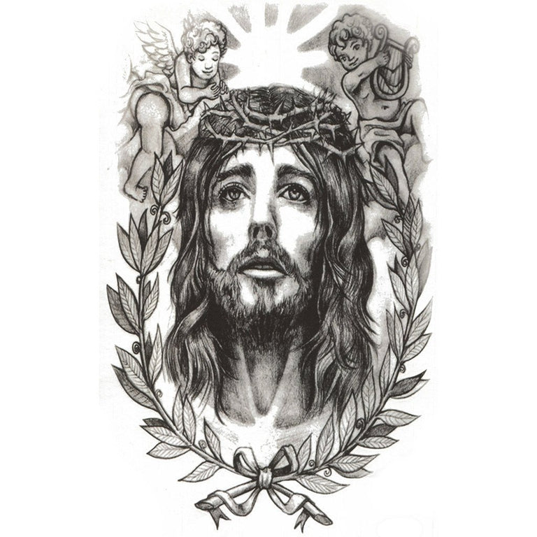 Tatouage temporaire hyperréaliste Jesus de ArtWear Tattoo Religieux sur le bras d'un homme et jambe d'une femme