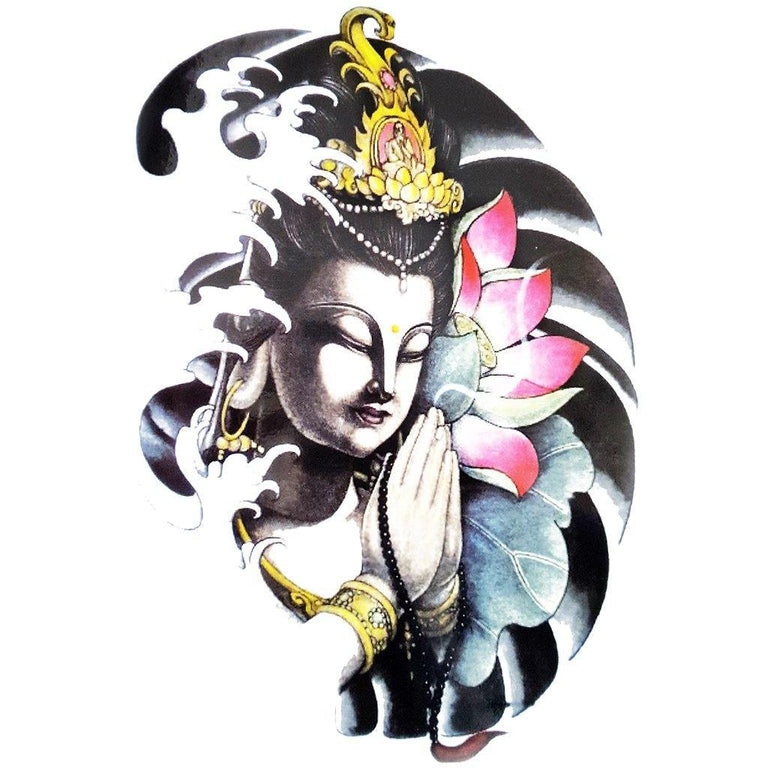 Tatouage temporaire hyperréaliste Lotus Buddha de ArtWear Tattoo Religieux sur le bras d'un homme et jambe d'une femme