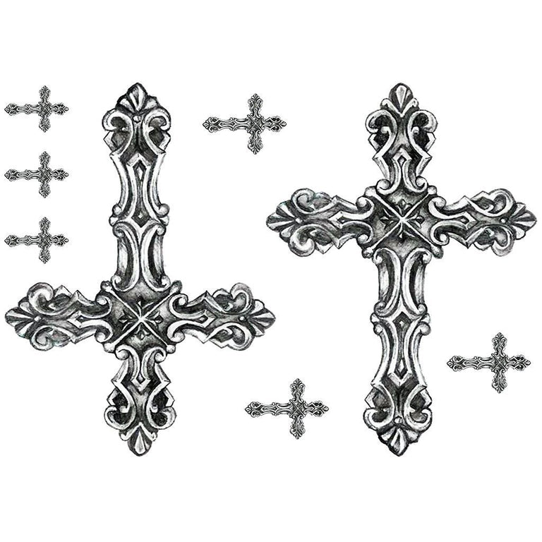 Tatouage temporaire hyperréaliste Old Christian Cross - Pack de ArtWear Tattoo Religieux sur le bras d'un homme et jambe d'une femme