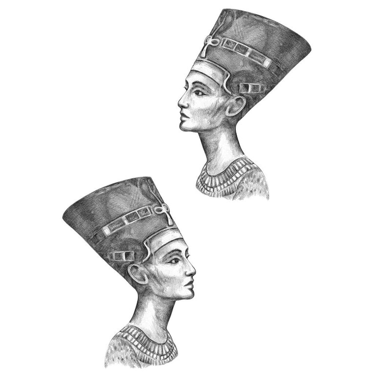 Tatouage temporaire hyperréaliste Queen Nefertiti de ArtWear Tattoo Religieux sur le bras d'un homme et jambe d'une femme