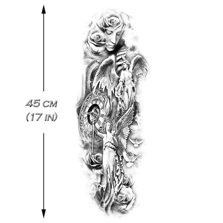 Tatouage temporaire hyperréaliste Angels & Doves Sleeve de ArtWear Tattoo Sleeve sur le bras d'un homme et jambe d'une femme