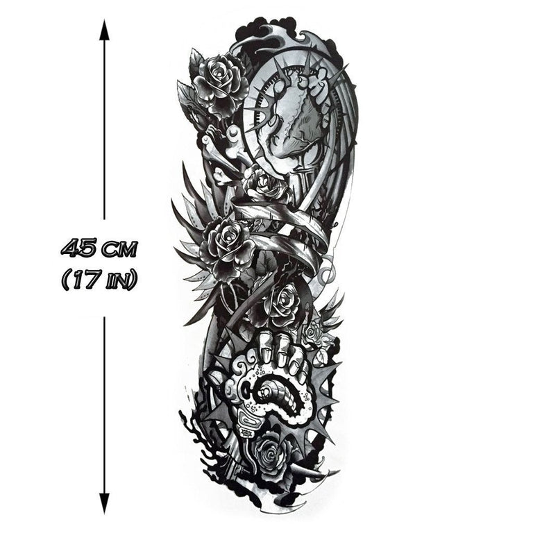 Tatouage temporaire hyperréaliste Mecha Flowers Sleeve de ArtWear Tattoo Sleeve sur le bras d'un homme et jambe d'une femme