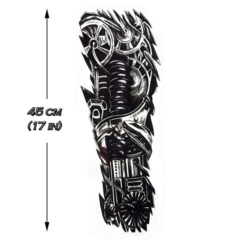 Tatouage temporaire hyperréaliste Mechanical Sleeve de ArtWear Tattoo Sleeve sur le bras d'un homme et jambe d'une femme