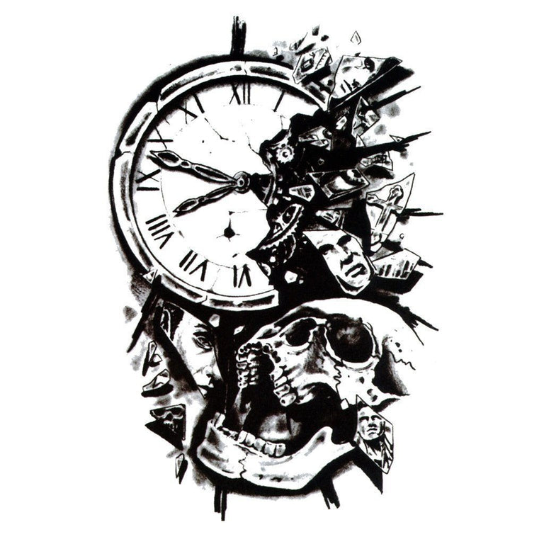 Tatouage temporaire hyperréaliste Breaking Time de ArtWear Tattoo Tête de mort sur le bras d'un homme et jambe d'une femme