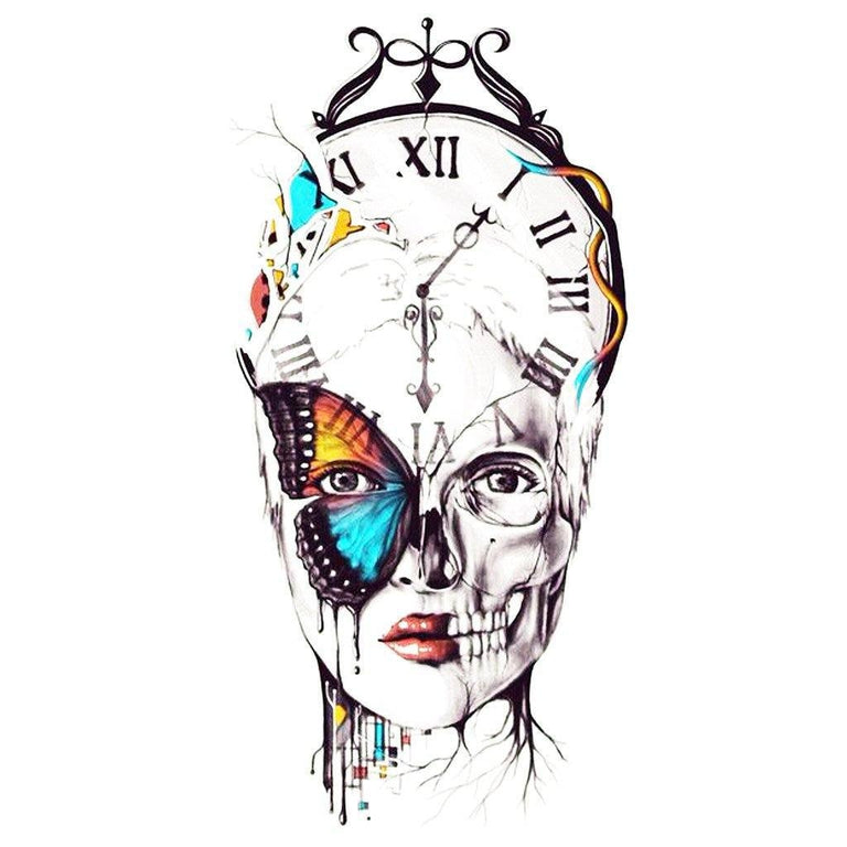 Tatouage temporaire hyperréaliste Clock Woman de ArtWear Tattoo Tête de mort sur le bras d'un homme et jambe d'une femme