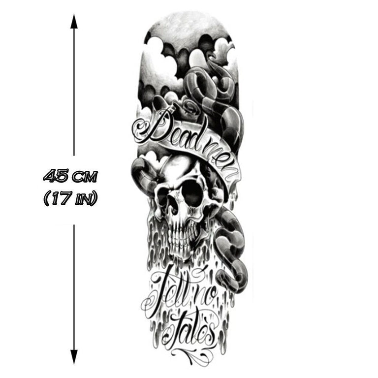 Tatouage temporaire hyperréaliste "Dead Men Tell No Tales" B&W Sleeve de ArtWear Tattoo Tête de mort sur le bras d'un homme et jambe d'une femme