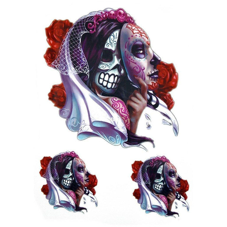 Tatouage temporaire hyperréaliste Double Face Santa Muerte de ArtWear Tattoo Tête de mort sur le bras d'un homme et jambe d'une femme