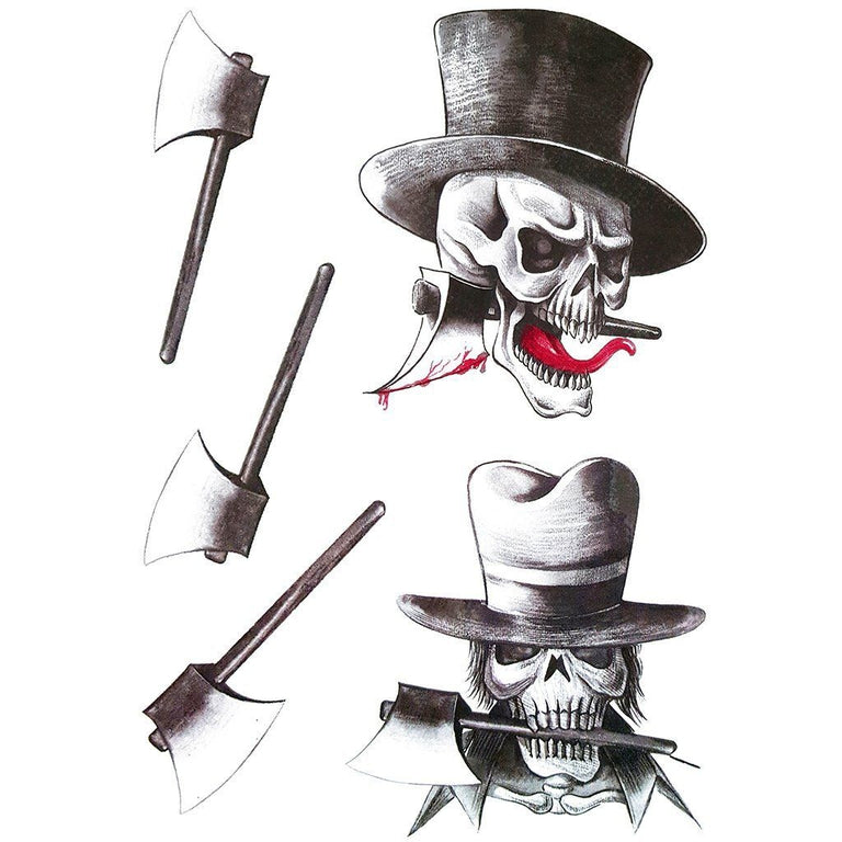 Tatouage temporaire hyperréaliste Gentleman Skull & Axe - Pack de ArtWear Tattoo Tête de mort sur le bras d'un homme et jambe d'une femme