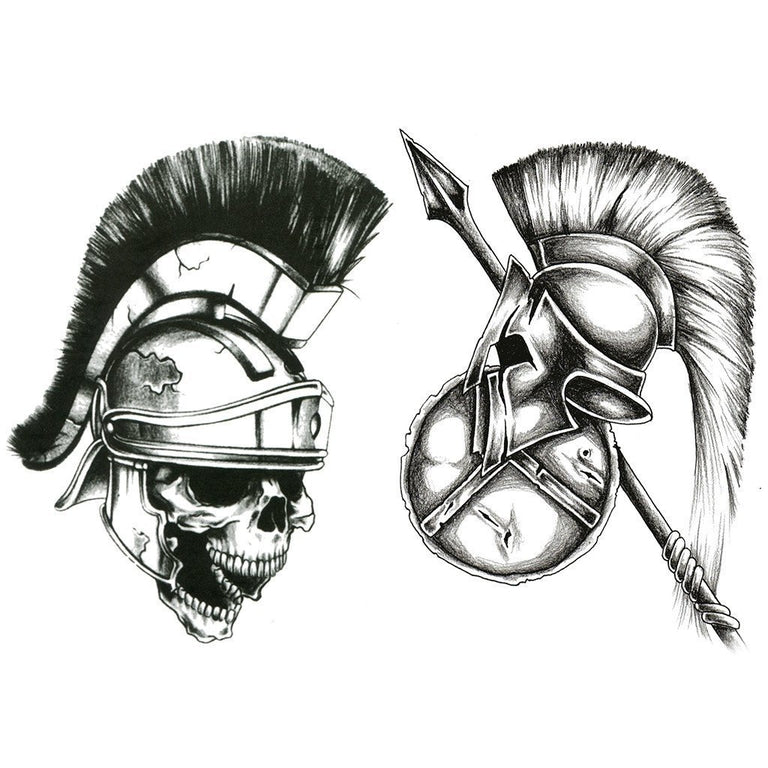 Tatouage temporaire hyperréaliste Gladiator - Pack de ArtWear Tattoo Tête de mort sur le bras d'un homme et jambe d'une femme