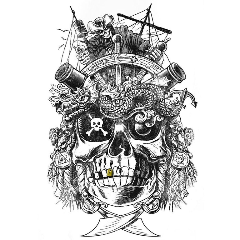 Tatouage temporaire hyperréaliste Golden Teeth Pirate de ArtWear Tattoo Tête de mort sur le bras d'un homme et jambe d'une femme