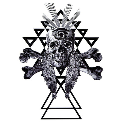 Tatouage temporaire hyperréaliste Indian Spirit Skull de ArtWear Tattoo Tête de mort sur le bras d'un homme et jambe d'une femme
