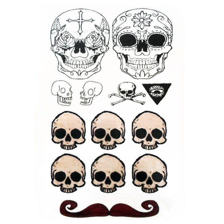 Tatouage temporaire hyperréaliste Mini Skulls - Pack de ArtWear Tattoo Tête de mort sur le bras d'un homme et jambe d'une femme