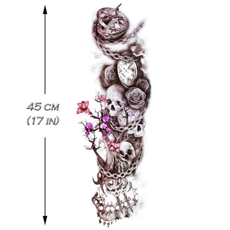 Tatouage temporaire hyperréaliste Multi Skulls vs. Time Sleeve de ArtWear Tattoo Tête de mort sur le bras d'un homme et jambe d'une femme