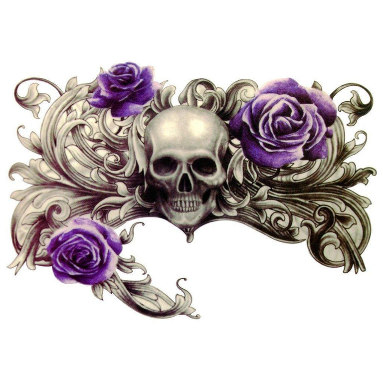 Tatouage temporaire hyperréaliste Purple Rose Skull de ArtWear Tattoo Tête de mort sur le bras d'un homme et jambe d'une femme