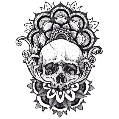 Tatouage temporaire hyperréaliste Skull Dotwork de ArtWear Tattoo Tête de mort sur le bras d'un homme et jambe d'une femme