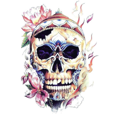 Tatouage temporaire hyperréaliste Skull Flowers 2 de ArtWear Tattoo Tête de mort sur le bras d'un homme et jambe d'une femme