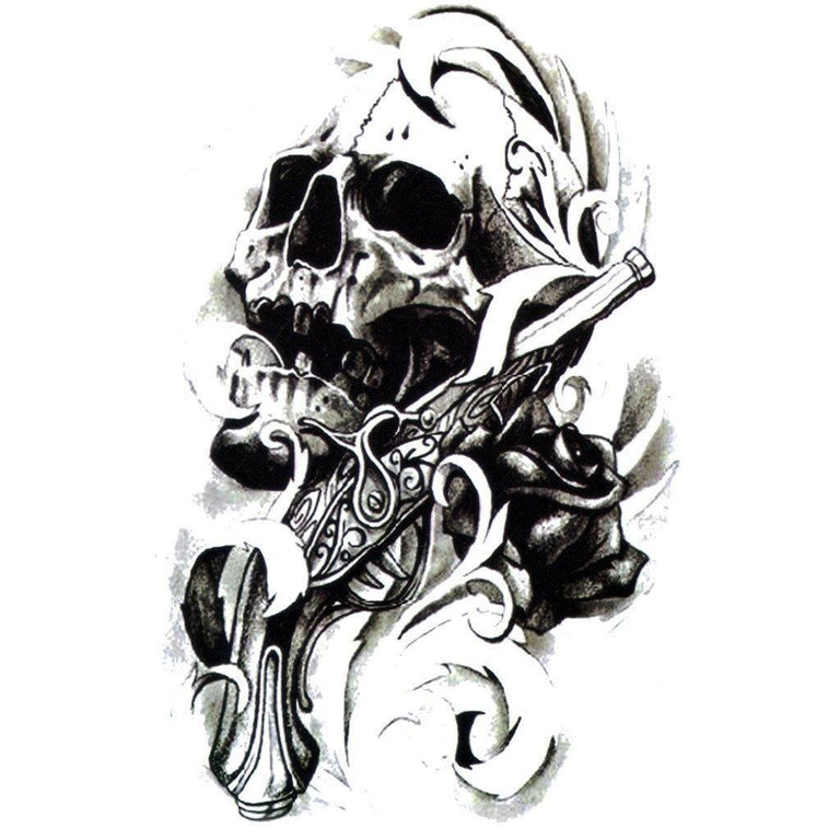 Tatouage temporaire hyperréaliste Skull Gun de ArtWear Tattoo Tête de mort sur le bras d'un homme et jambe d'une femme