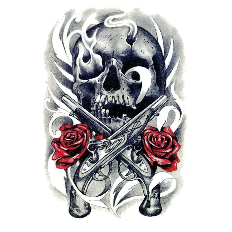 Tatouage temporaire hyperréaliste Skull & Roses 3 de ArtWear Tattoo Tête de mort sur le bras d'un homme et jambe d'une femme