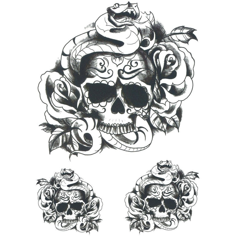 Tatouage temporaire hyperréaliste Snake Skull - Pack de ArtWear Tattoo Tête de mort sur le bras d'un homme et jambe d'une femme