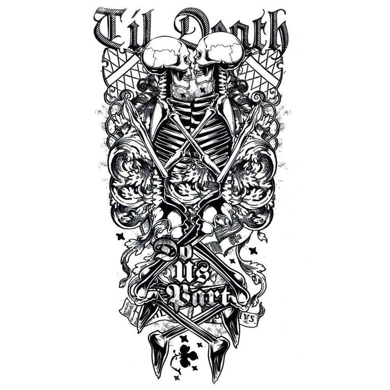 Tatouage temporaire hyperréaliste Until Death Do Us Part de ArtWear Tattoo Tête de mort sur le bras d'un homme et jambe d'une femme