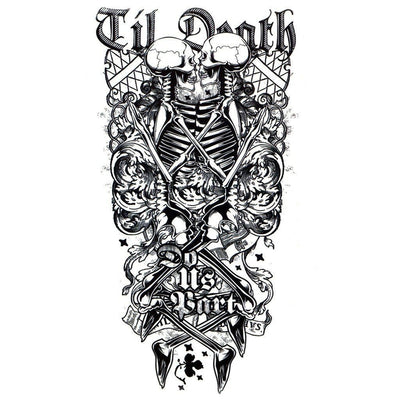 Tatouage temporaire hyperréaliste Until Death Do Us Part de ArtWear Tattoo Tête de mort sur le bras d'un homme et jambe d'une femme