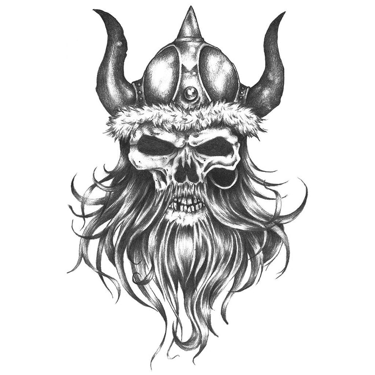 Tatouage temporaire hyperréaliste Viking Jarl Skull de ArtWear Tattoo Tête de mort sur le bras d'un homme et jambe d'une femme