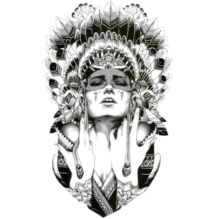 Tatouage temporaire hyperréaliste American Indian Girl 2 - B&W de ArtWear Tattoo Traditionnels sur le bras d'un homme et jambe d'une femme