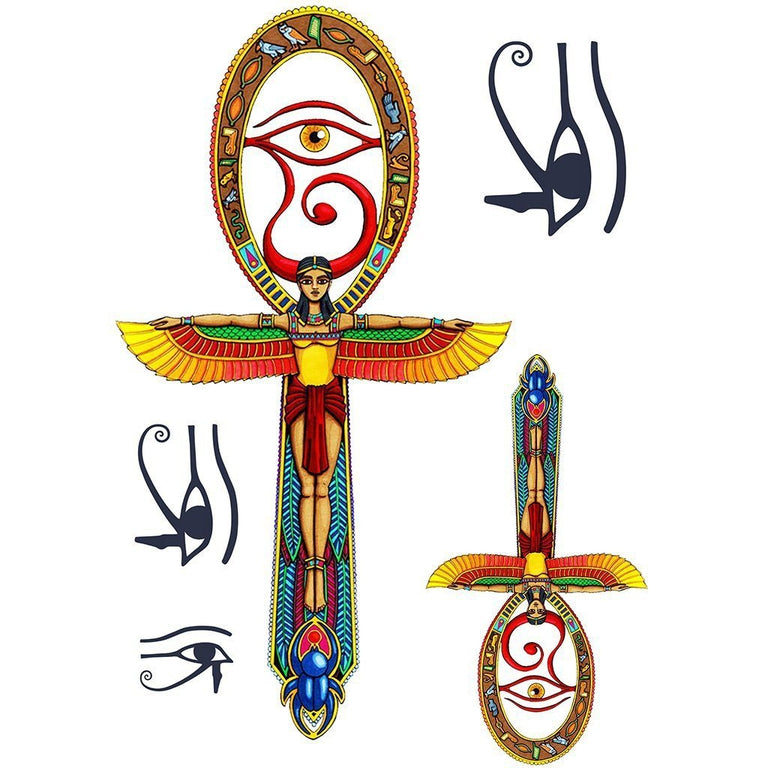 Tatouage temporaire hyperréaliste Ankh & Orus Eye - Pack de ArtWear Tattoo Traditionnels sur le bras d'un homme et jambe d'une femme