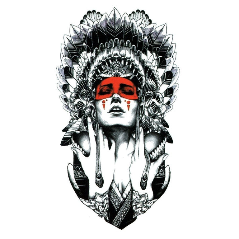 Tatouage temporaire hyperréaliste B&W American Indian Girl 1 de ArtWear Tattoo Traditionnels sur le bras d'un homme et jambe d'une femme