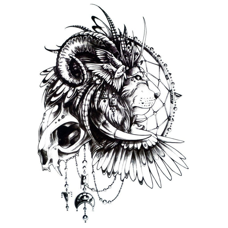 Tatouage temporaire hyperréaliste Lion Dreamcatcher de ArtWear Tattoo Traditionnels sur le bras d'un homme et jambe d'une femme