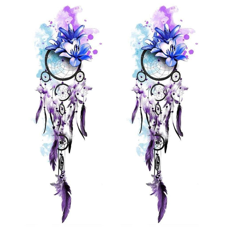 Tatouage temporaire hyperréaliste Lotus Dreamcatcher - Pack de ArtWear Tattoo Traditionnels sur le bras d'un homme et jambe d'une femme