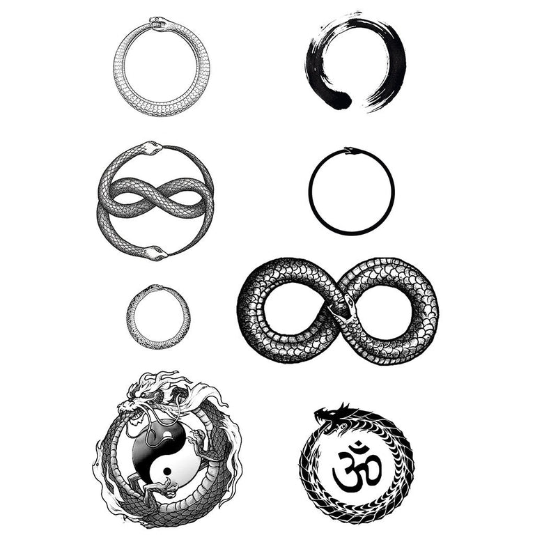 Tatouage temporaire hyperréaliste Ouroboros Circle - Pack de ArtWear Tattoo Traditionnels sur le bras d'un homme et jambe d'une femme