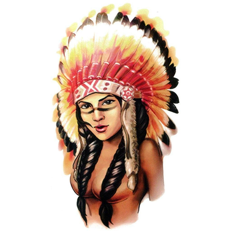 Tatouage temporaire hyperréaliste Sexy American Indian Girl de ArtWear Tattoo Traditionnels sur le bras d'un homme et jambe d'une femme