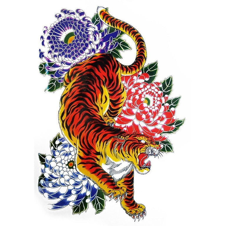 Tatouage temporaire hyperréaliste Tigers & Peonies de ArtWear Tattoo Traditionnels sur le bras d'un homme et jambe d'une femme