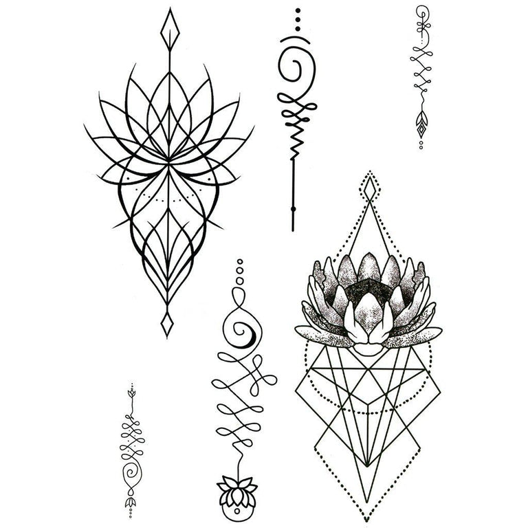 Tatouage temporaire hyperréaliste Unalome - Pack de ArtWear Tattoo Traditionnels sur le bras d'un homme et jambe d'une femme