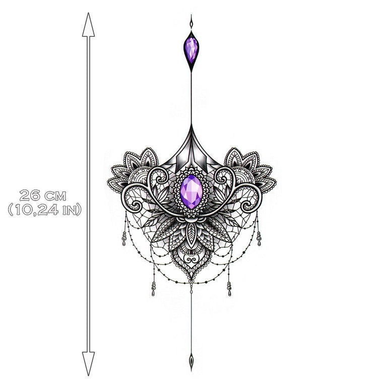 Tatouage temporaire hyperréaliste Purple Jewel Mandala Underboob de ArtWear Tattoo Underboob sur le bras d'un homme et jambe d'une femme